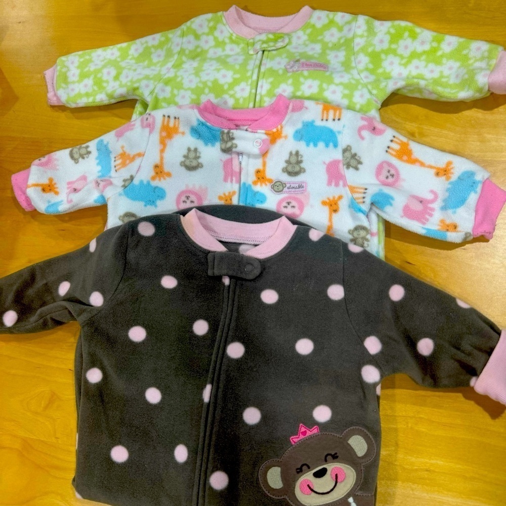 3 Carter’s Baby Girl fleece sleep sacks green, pink brown floral elephant monkey